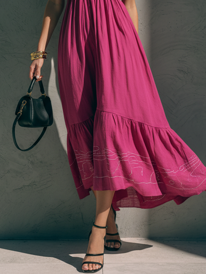 Women's Fashionable Rose Red Cotton Linen Camisole Embroidered V-Neck Midi Dress MDZ2227D5GMJ