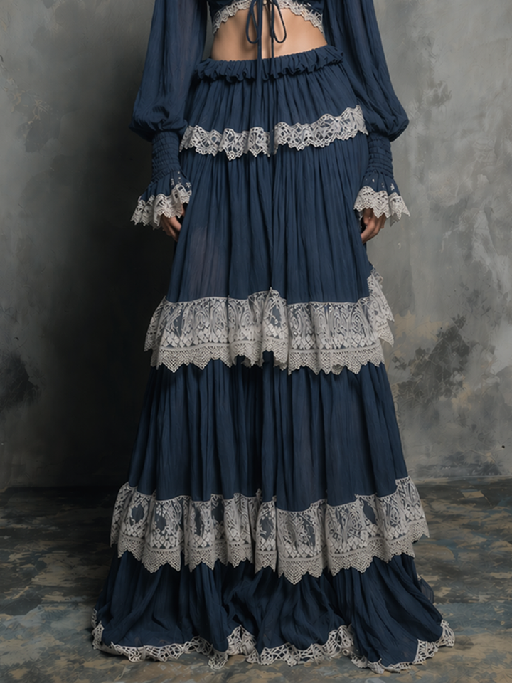 Women's Bohemian-Style Vintage Romantic Deep Navy Blue Lace-Trimmed Tiered Maxi Skirt And Cropped Top Set MDZ2220D5ZJW