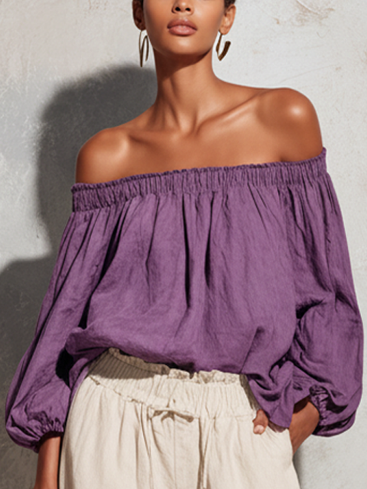 Women's Casual Style Purple Cotton And Linen Off-Shoulder Long Lantern Sleeve Top And White Cotton And Linen Capri Pants Set MDZ2279D4GMJ