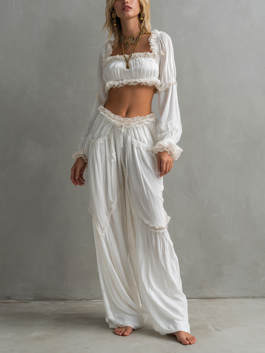 Women's Bohemian-Style White Chiffon & Lace Crop Top And Pants Set MDZ2290D8ZJW