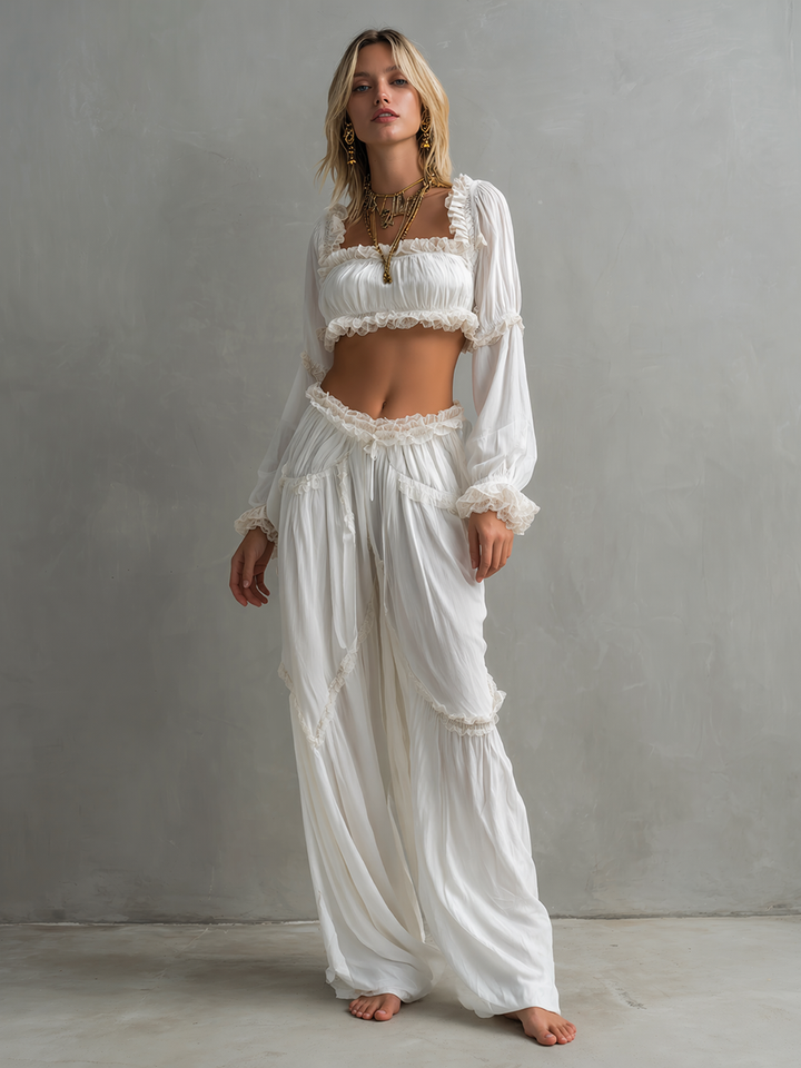 Women's Bohemian-Style White Chiffon & Lace Crop Top And Pants Set MDZ2290D8ZJW