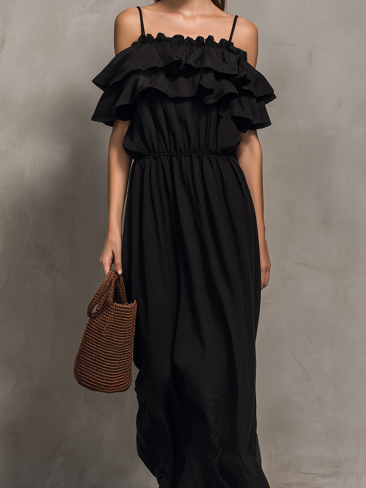Women's Casual Black Cotton-Linen Maxi Dress — Strappy, Ruffled, Strapless-Style, Sleeveless MDZ2332D4LXY