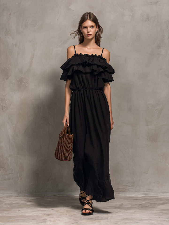 Women's Casual Black Cotton-Linen Maxi Dress — Strappy, Ruffled, Strapless-Style, Sleeveless MDZ2332D4LXY