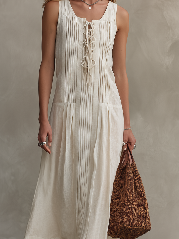 Women's Casual Sleeveless Maxi Dress In Ecru Cotton-Linen Blend MDZ2389D5LXY