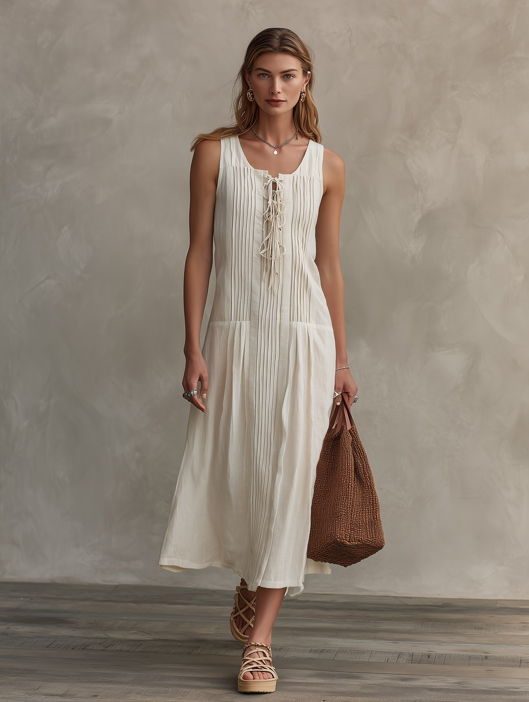 Women's Casual Sleeveless Maxi Dress In Ecru Cotton-Linen Blend MDZ2389D5LXY