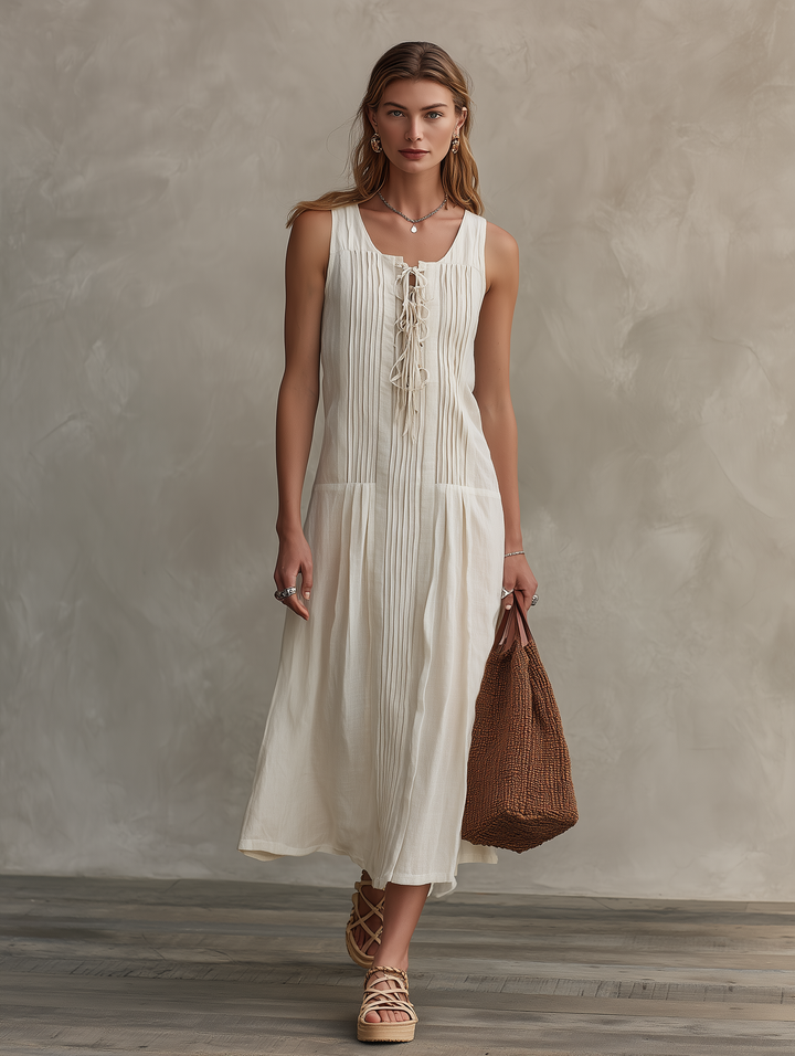Women's Casual Sleeveless Maxi Dress In Ecru Cotton-Linen Blend MDZ2389D5LXY