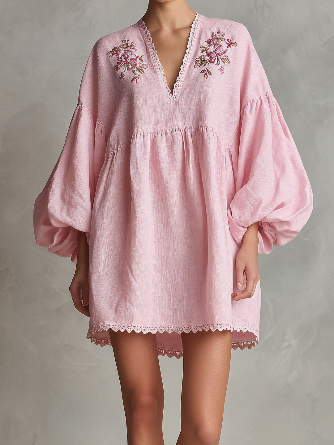 Women's Casual Light Pink Cotton-Linen Mini Dress — V-Neck, Embroidered, Long Puff Sleeves MDZ2321D2LXY