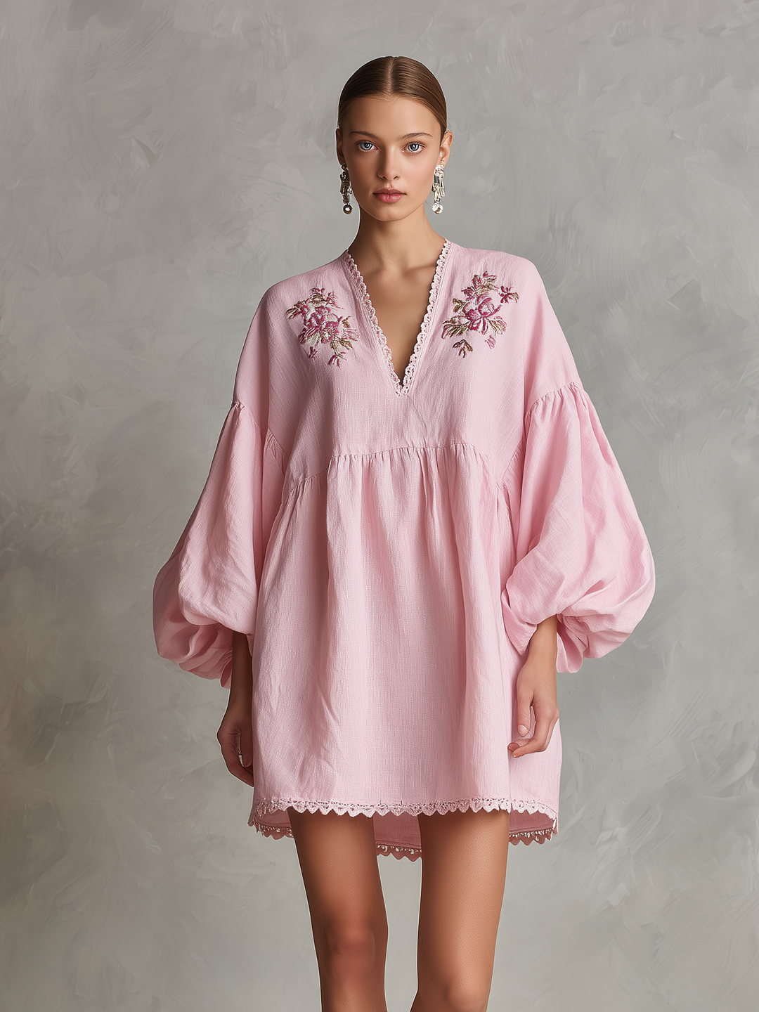 Women's Casual Light Pink Cotton-Linen Mini Dress — V-Neck, Embroidered, Long Puff Sleeves MDZ2321D2LXY