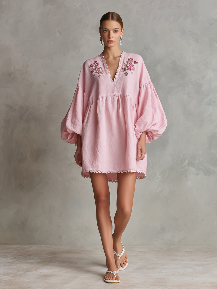 Women's Casual Light Pink Cotton-Linen Mini Dress — V-Neck, Embroidered, Long Puff Sleeves MDZ2321D2LXY