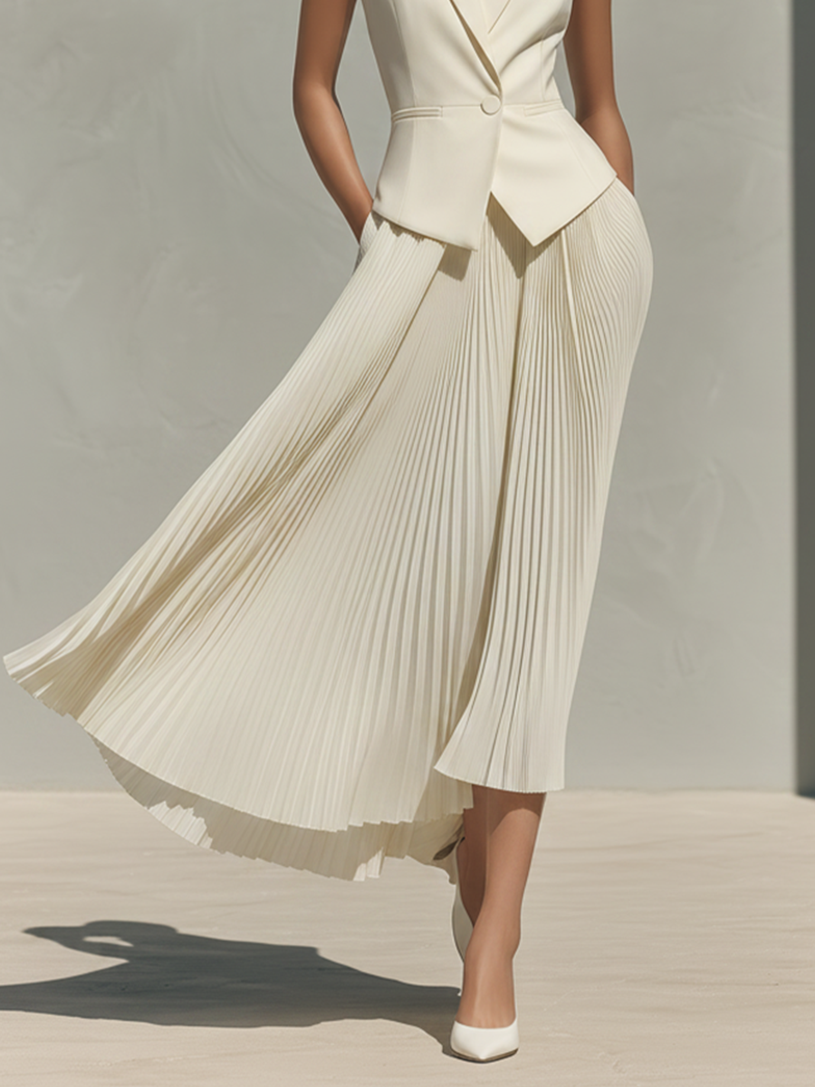 Women's Ivory Tailored Two-Piece Set With Blazer Vest & Pleated Midi Skirt, Timeless Sophisticated-Chic Formal Outfit MDZ2301D8LYL