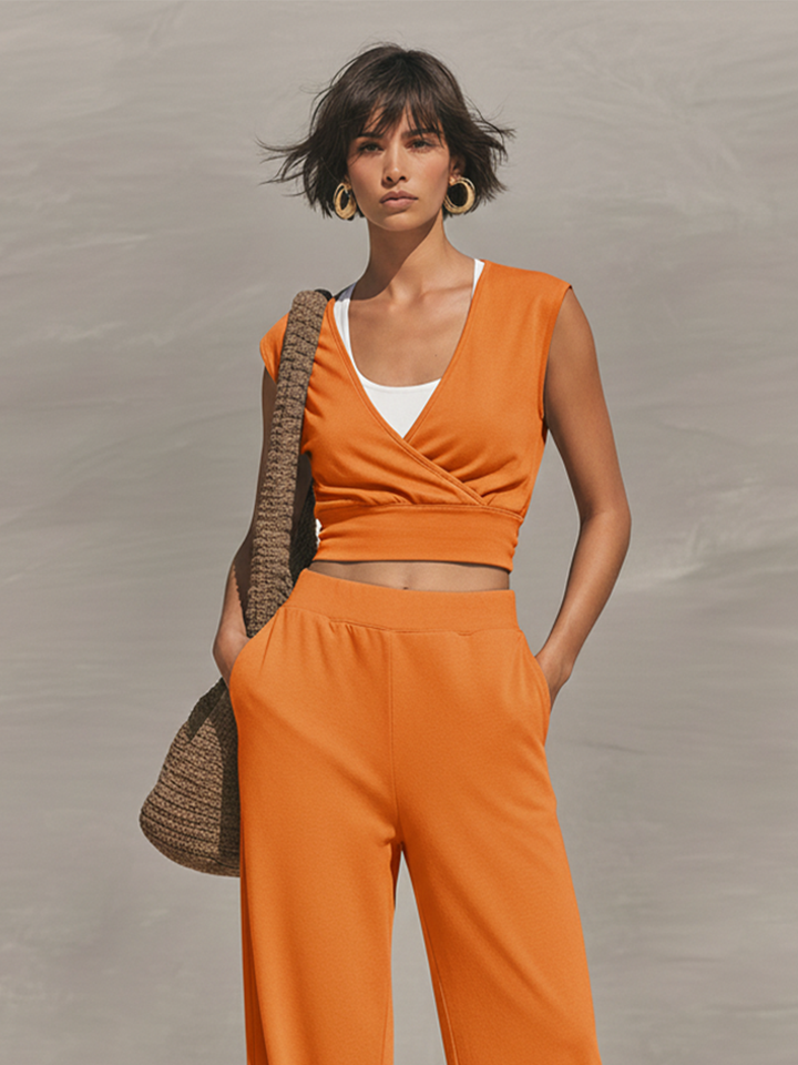 Women's Orange Jersey Two-Piece Set With Wrap Crop Top & Elastic Waist Pants, Timeless Athleisure-Chic Loungewear MDZ2303D9LYL