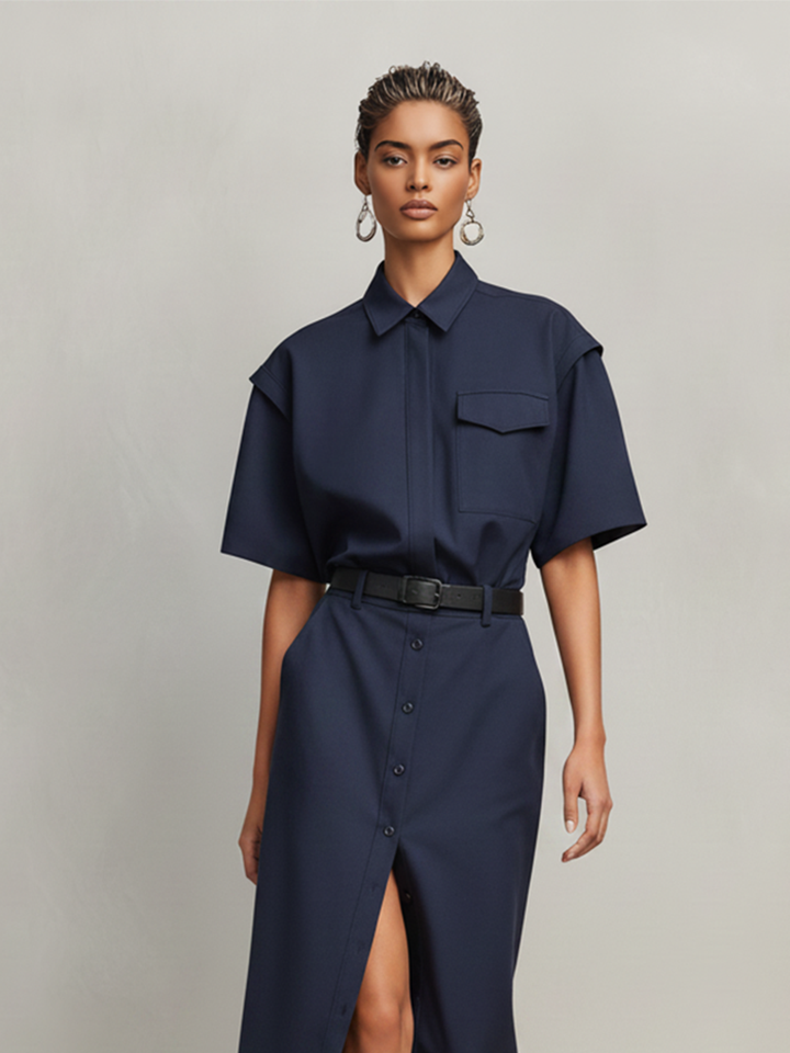 Women's Navy Blue Cotton-Blend Two-Piece Set  With Short Sleeves & Front Slit, Timeless Minimalist-Chic Workwear Dress (without Belt) MDZ2309D7LYL