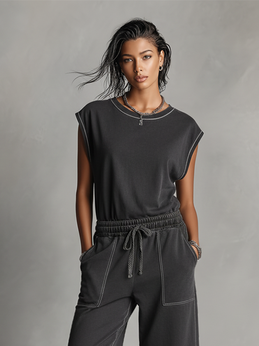 Women's Charcoal Gray Co-Ord Set With Contrast Stitching & Elastic Waist, Modern Effortless Streetwear Outfit MDZ2317D1LYL