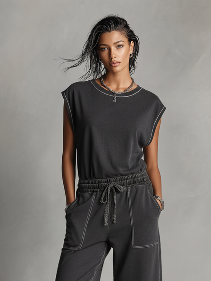Women's Charcoal Gray Co-Ord Set With Contrast Stitching & Elastic Waist, Modern Effortless Streetwear Outfit MDZ2317D1LYL