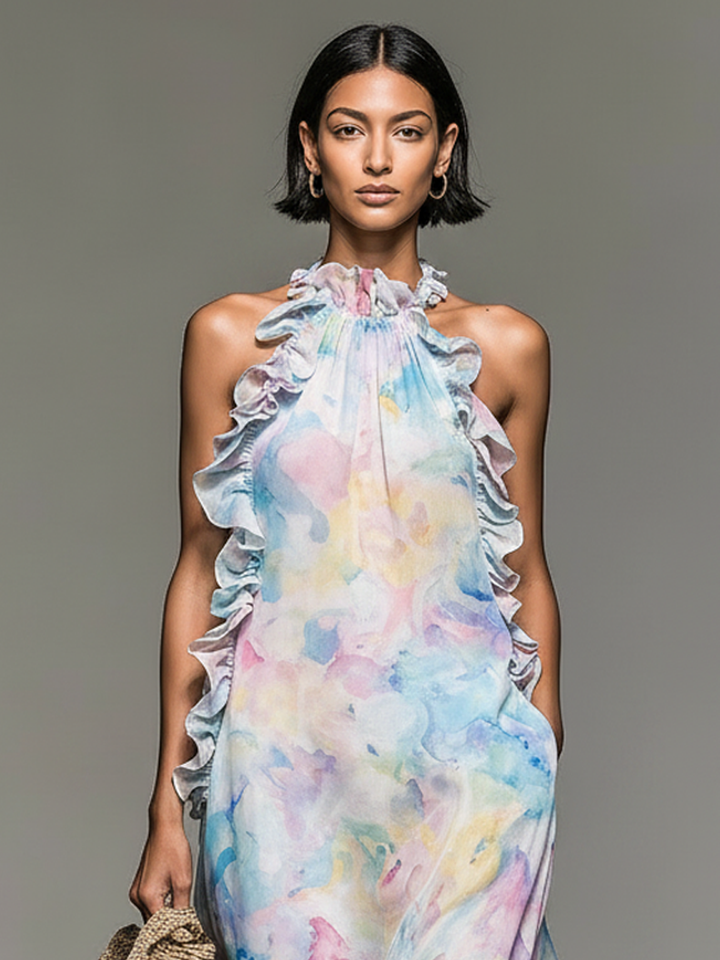 Women's Minimalist Sleeveless Ruffled Ombré Watercolor Print Chiffon Maxi Dress MDZ2314D1Y