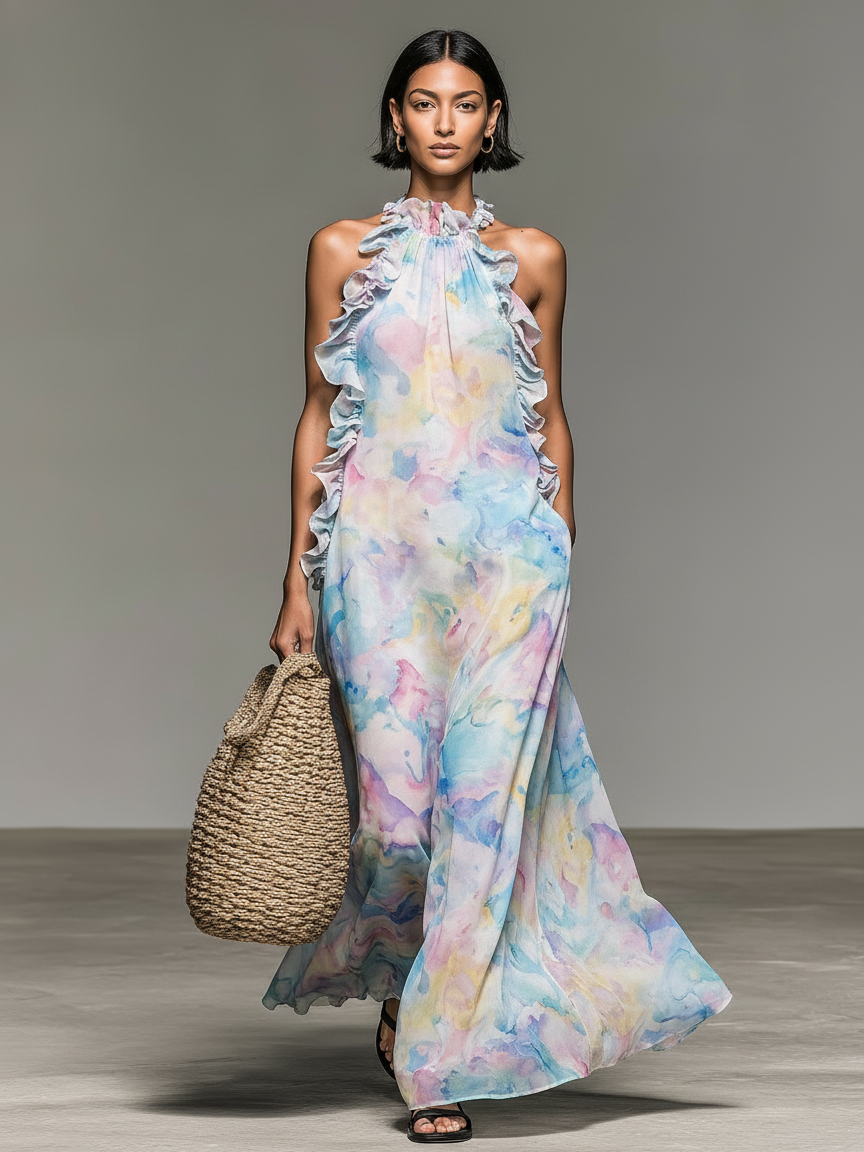 Women's Minimalist Sleeveless Ruffled Ombré Watercolor Print Chiffon Maxi Dress MDZ2314D1Y