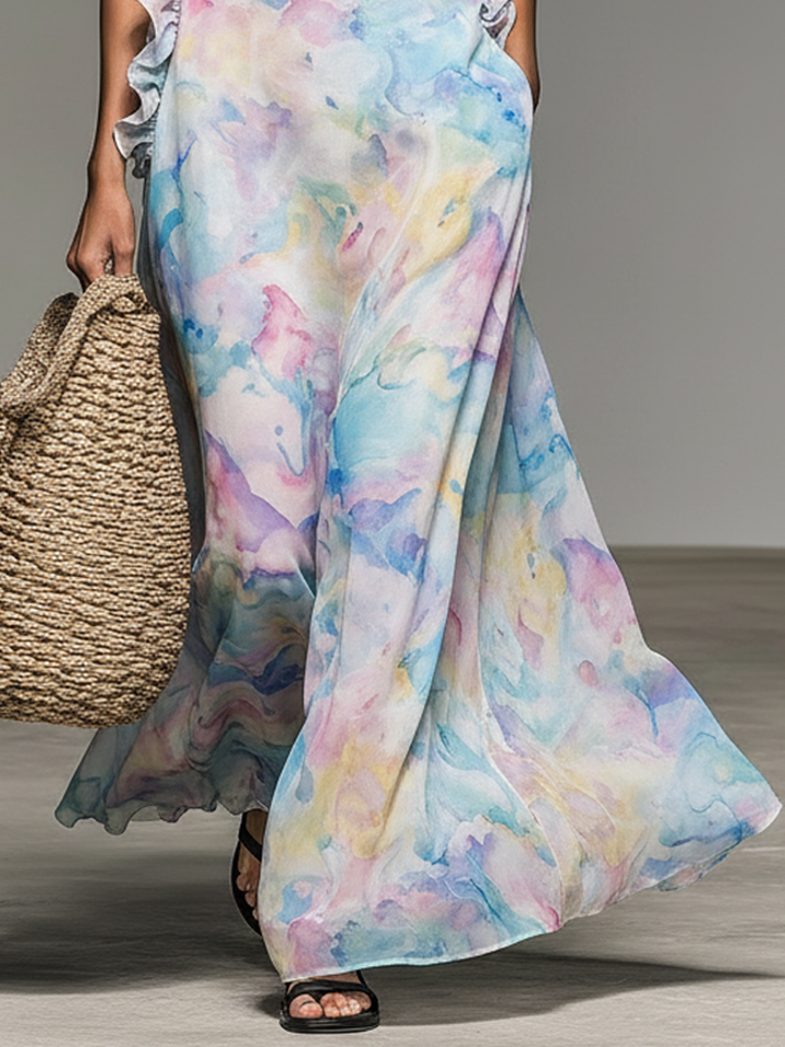 Women's Minimalist Sleeveless Ruffled Ombré Watercolor Print Chiffon Maxi Dress MDZ2314D1Y