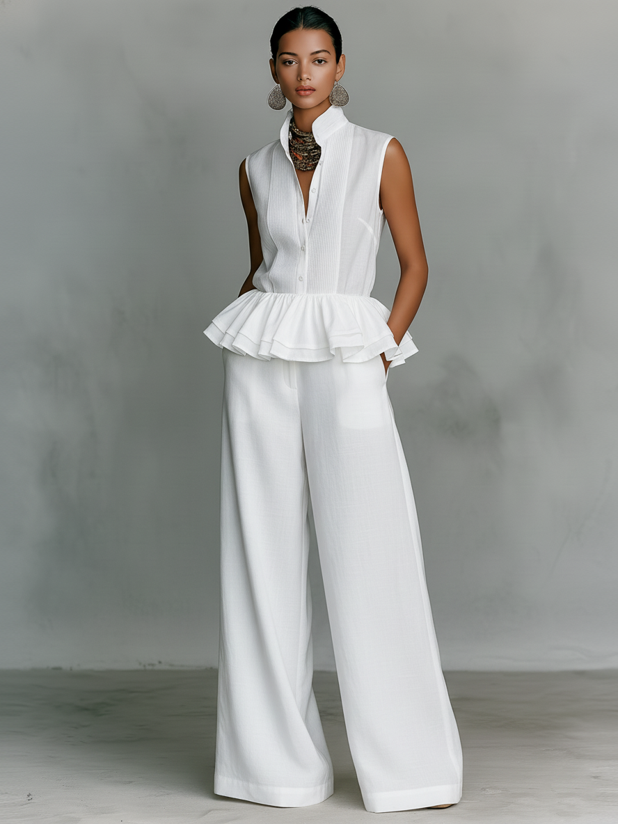Women's Minimalist Linen-Blend Set: Stand-Collar, Sleeveless, Single-Breasted Shirt With Ruffled Hem & Wide-Leg Pants MDZ2311D1Y