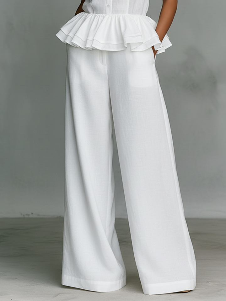 Women's Minimalist Linen-Blend Set: Stand-Collar, Sleeveless, Single-Breasted Shirt With Ruffled Hem & Wide-Leg Pants MDZ2311D1Y