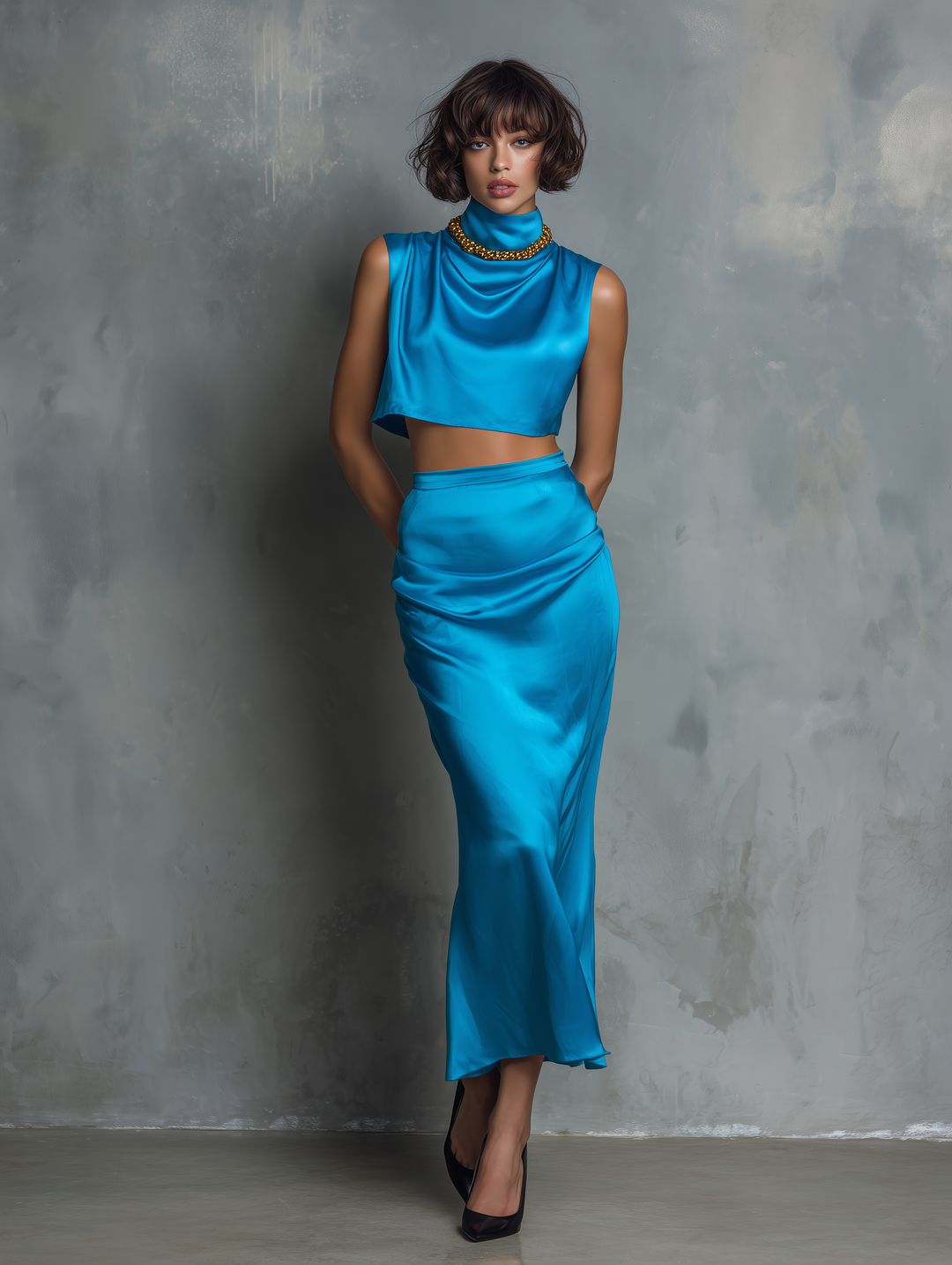 Women's Minimalist Satin Sleeveless Blouse & Straight Skirt Set MDZ2324D8Y