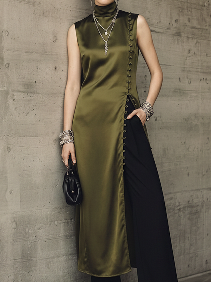 Women's Light Luxury Style Olive Green Satin High-neck Side-slit Button Long Top And Cotton Blend Wide-leg Pants Set MDZ2334D5GMJ