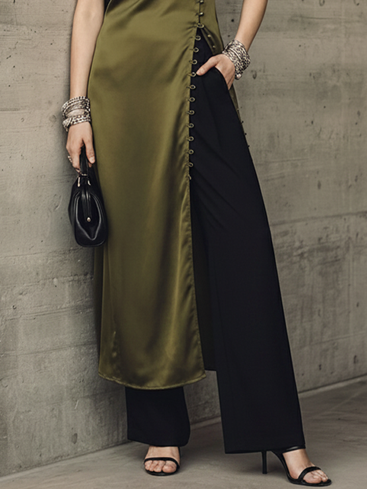 Women's Light Luxury Style Olive Green Satin High-neck Side-slit Button Long Top And Cotton Blend Wide-leg Pants Set MDZ2334D5GMJ