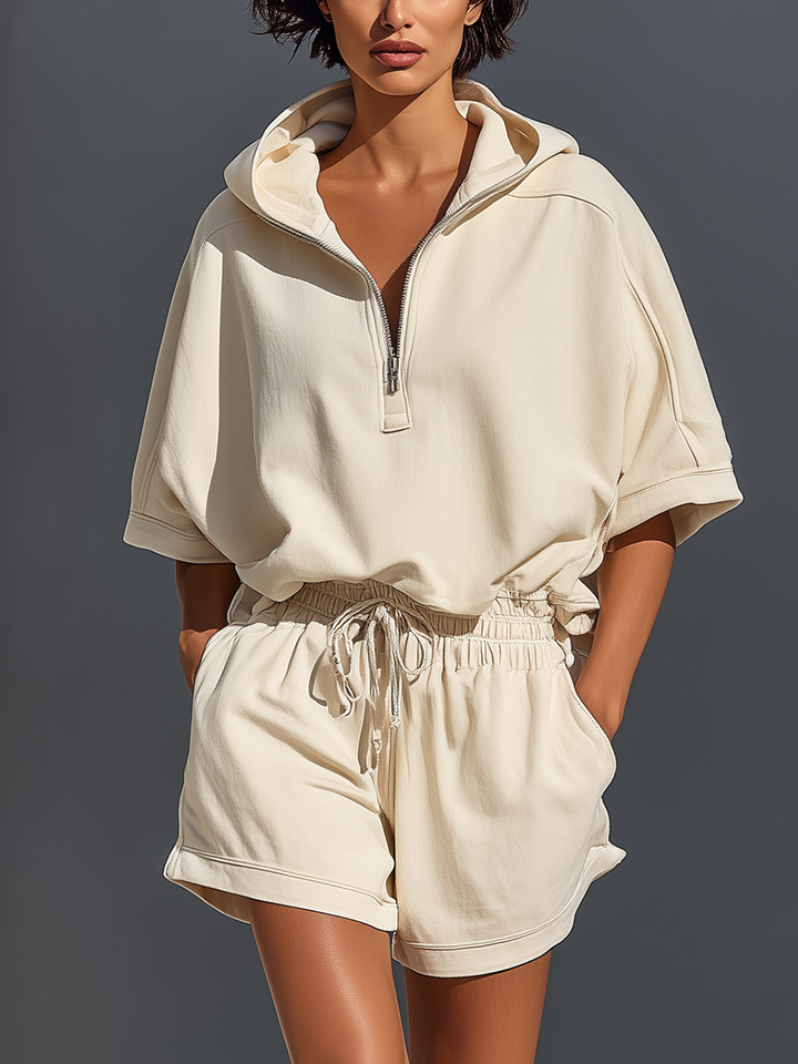 Women’s Off-White Air Layer Two-Piece Set: Half-Zip Short-Sleeve Hoodie & Elastic Waist Drawstring Shorts With Pockets MDZ2437D5T