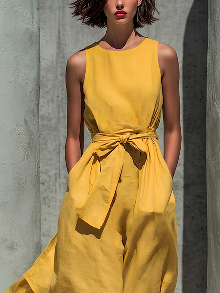 Women’s Yellow Linen-Blend Sleeveless Round Neck Belted Layered Midi Dress MDZ2466D4T