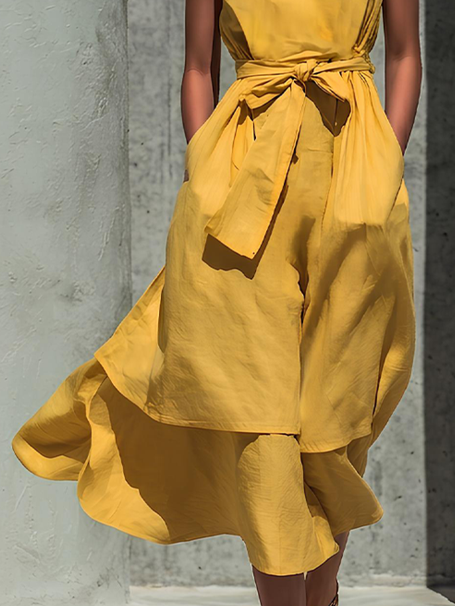 Women’s Yellow Linen-Blend Sleeveless Round Neck Belted Layered Midi Dress MDZ2466D4T