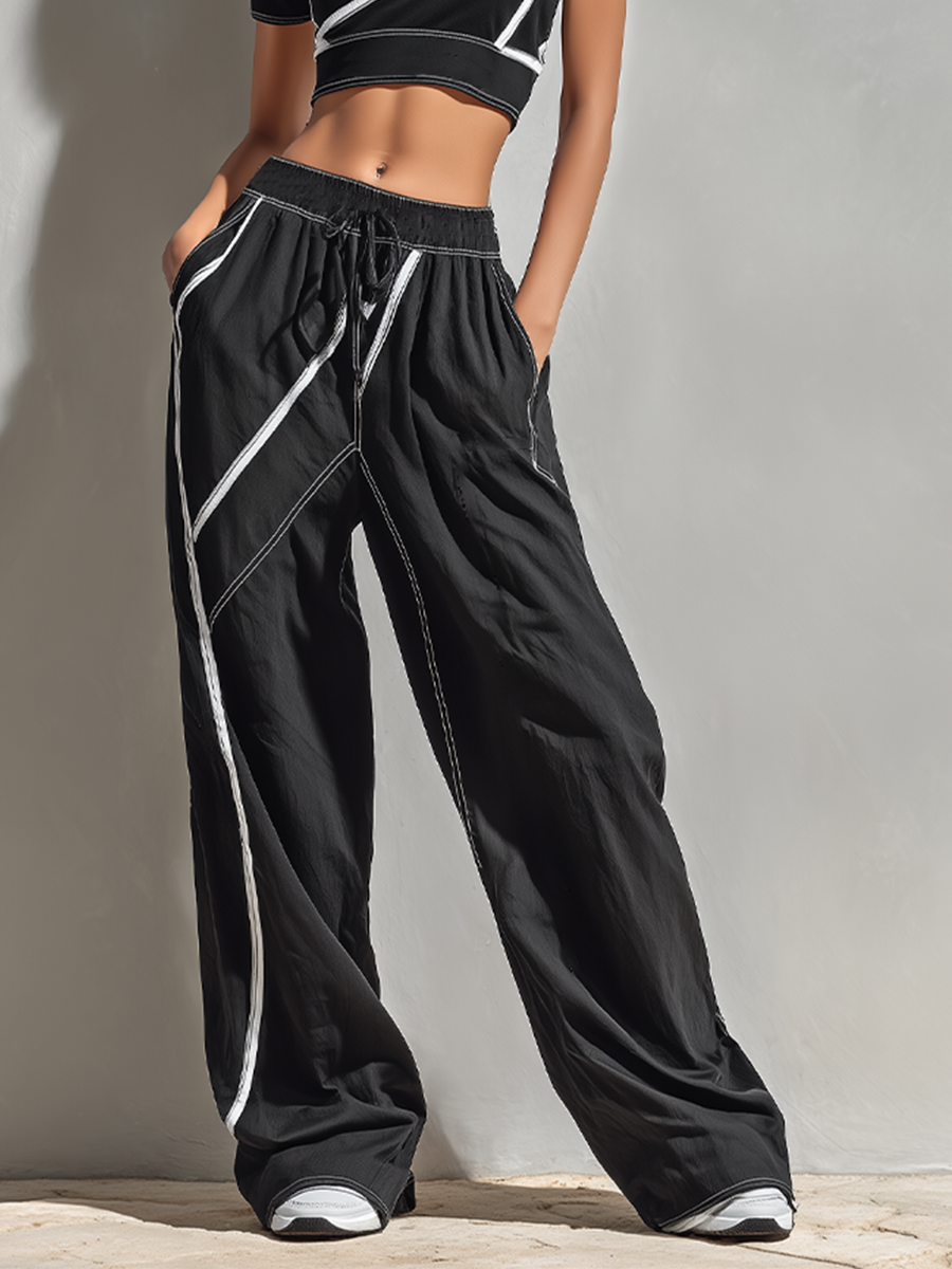 Women's Black & White Stitch Two-Piece Set With Zip Crop Top & Wide-Leg Pants, Timeless Sporty-Chic Athleisure Outfit MDZ2443D6LYL