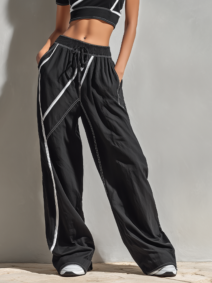 Women's Black & White Stitch Two-Piece Set With Zip Crop Top & Wide-Leg Pants, Timeless Sporty-Chic Athleisure Outfit MDZ2443D6LYL