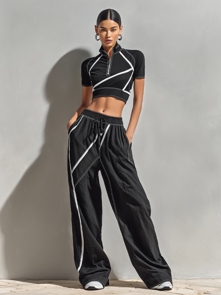 Women's Black & White Stitch Two-Piece Set With Zip Crop Top & Wide-Leg Pants, Timeless Sporty-Chic Athleisure Outfit MDZ2443D6LYL