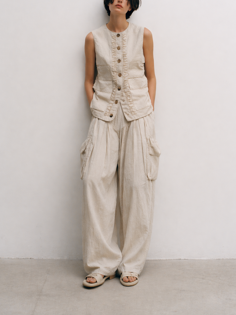 Women's Minimalist Casual Cotton And Linen Blend Off-white Suit MDZ2401D7ZJW