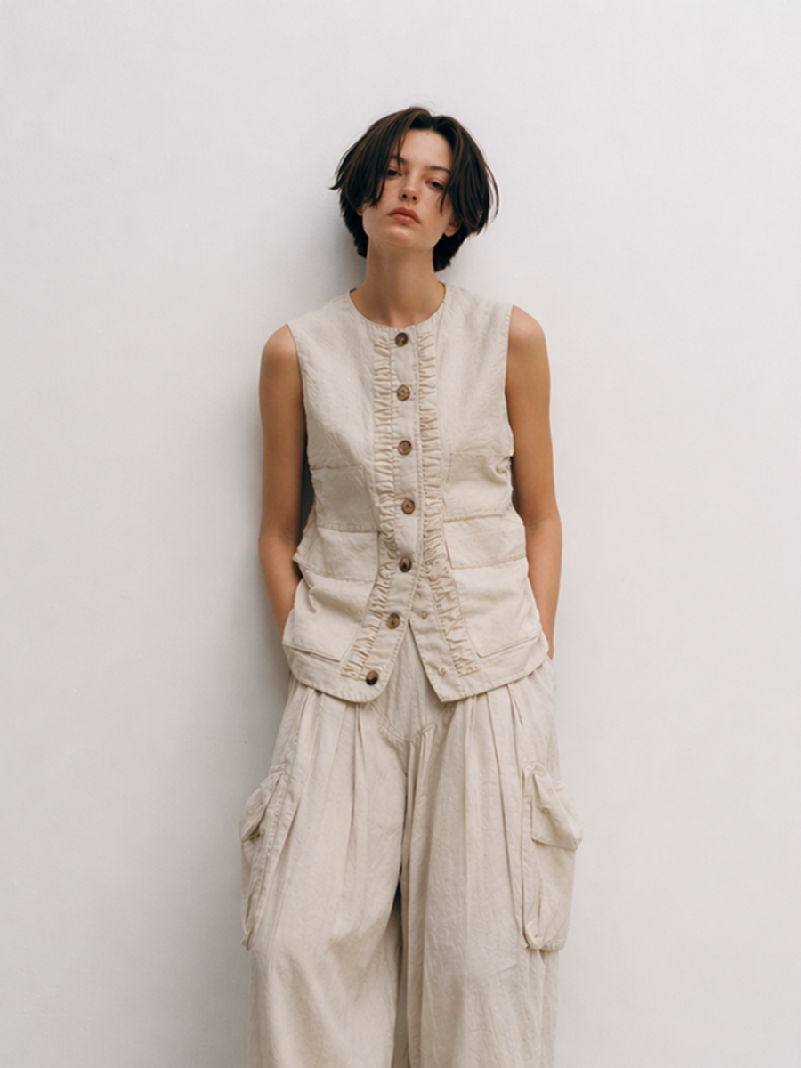 Women's Minimalist Casual Cotton And Linen Blend Off-white Suit MDZ2401D7ZJW