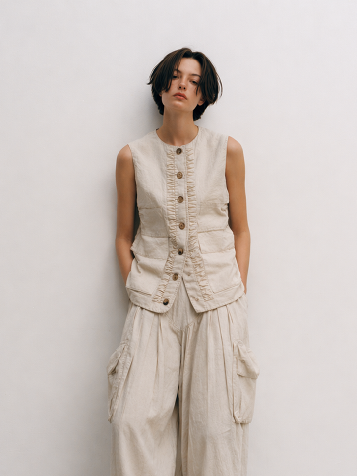 Women's Minimalist Casual Cotton And Linen Blend Off-white Suit MDZ2401D7ZJW