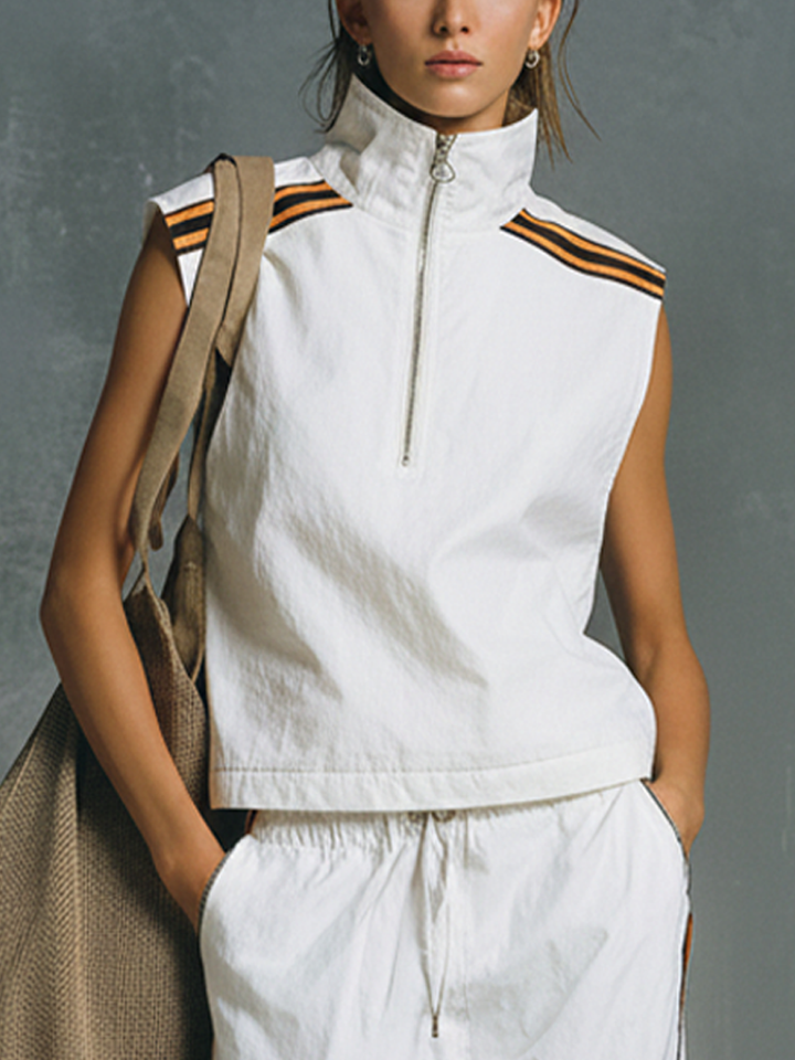 Women's Sporty White Cotton-Blend Half-Zip Sleeveless Top And Wide-Leg Pants Set With Contrasting Webbing Design MDZ2468D1GMJ