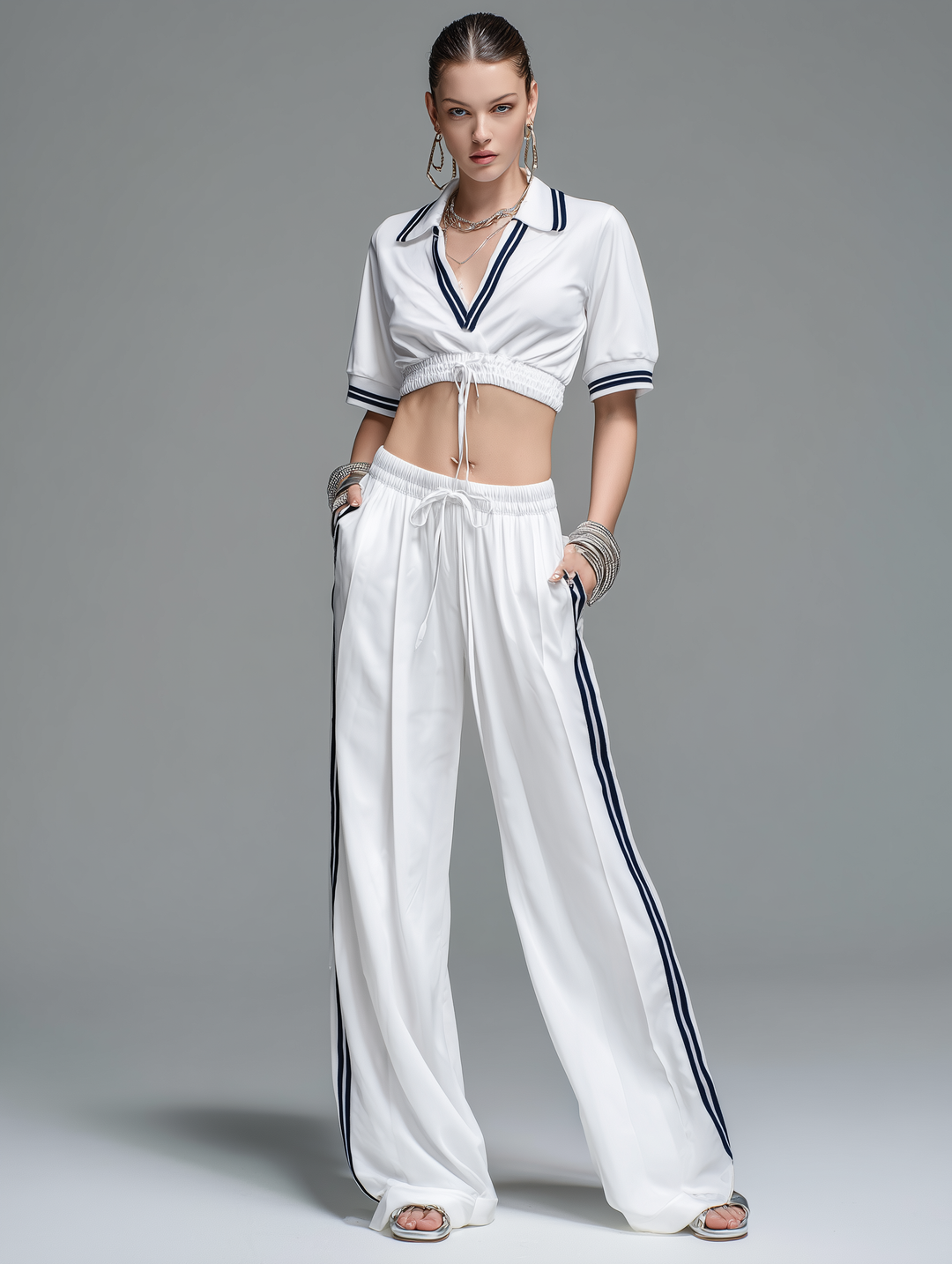 Women's Casual Sporty Style White Stretch-Knit V-Neck Long-Sleeve Top And Trousers Set MDZ2405D7LXY