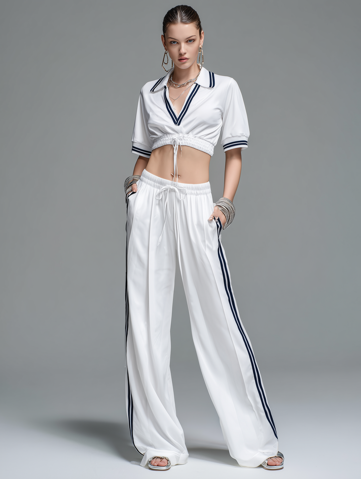 Women's Casual Sporty Style White Stretch-Knit V-Neck Long-Sleeve Top And Trousers Set MDZ2405D7LXY
