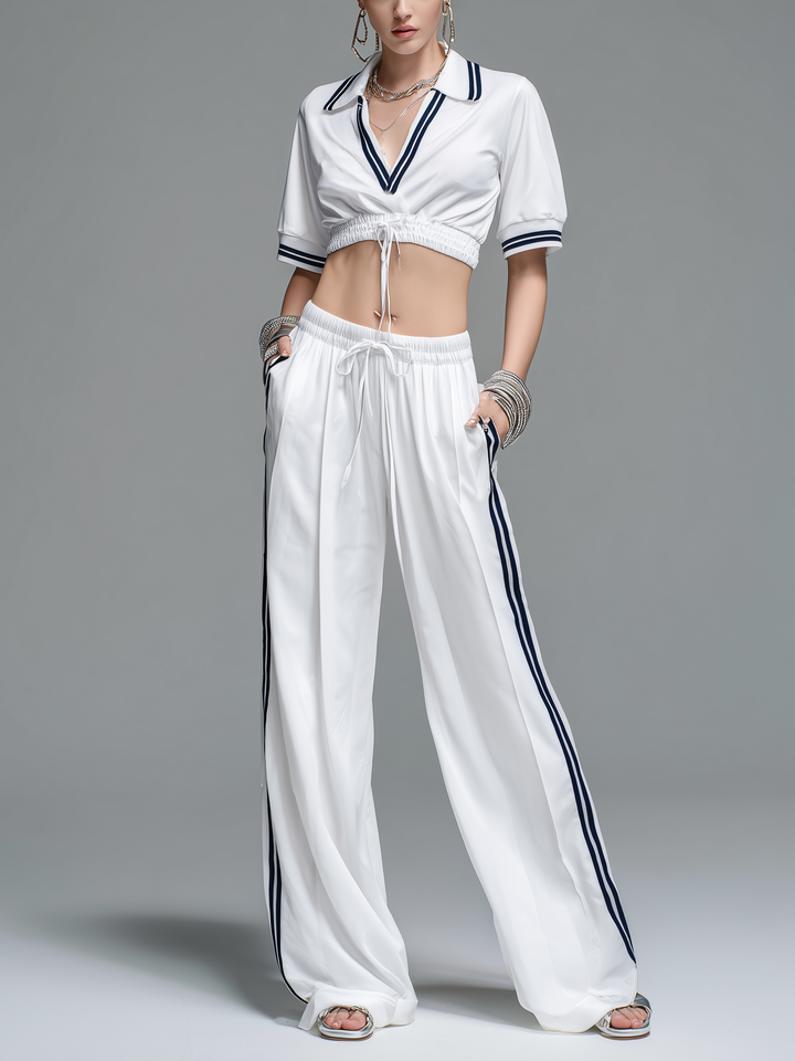 Women's Casual Sporty Style White Stretch-Knit V-Neck Long-Sleeve Top And Trousers Set MDZ2405D7LXY