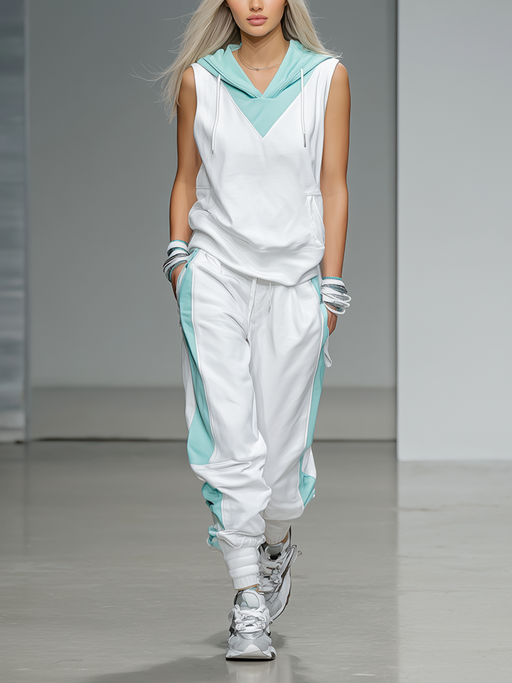 Women's Athleisure White And Teal Hooded Tracksuit MDZ2491D6ZJW
