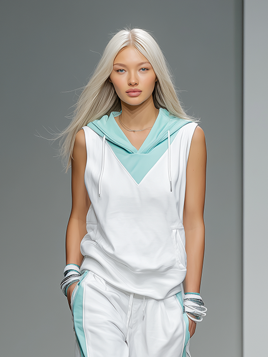 Women's Athleisure White And Teal Hooded Tracksuit MDZ2491D6ZJW