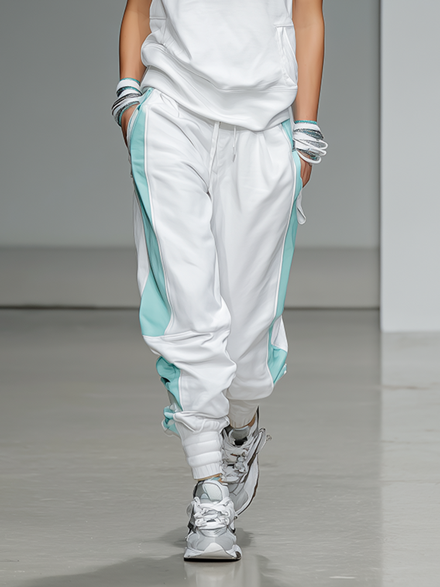 Women's Athleisure White And Teal Hooded Tracksuit MDZ2491D6ZJW