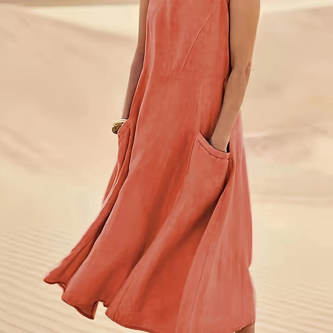 Pockette | Sleeveless A-Line Round Neck Pocket Midi Dress