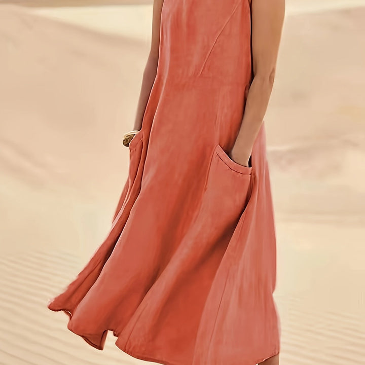 Pockette | Sleeveless A-Line Round Neck Pocket Midi Dress