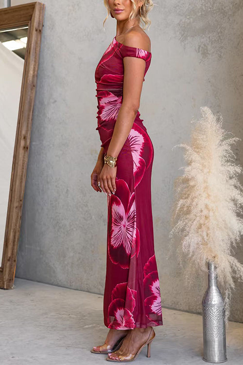 Asymmetric One Shoulder Floral Print Bodycon Maxi Dress
