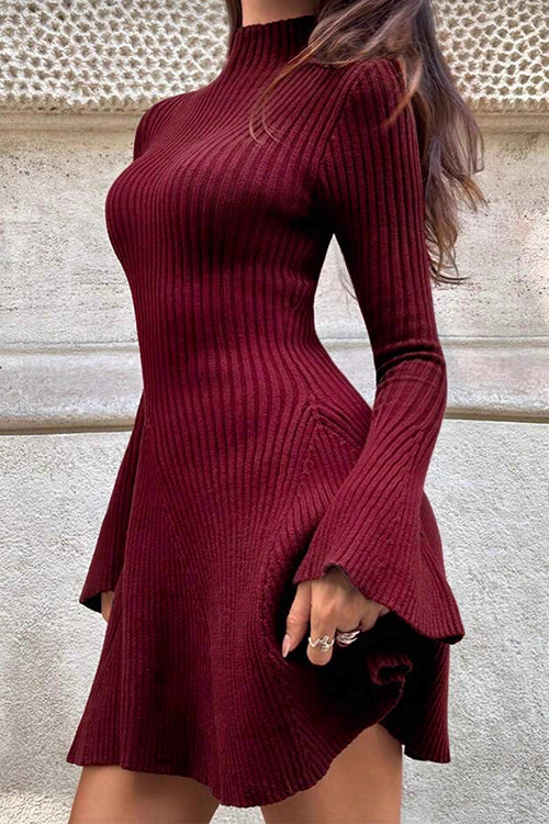 Margovil High Neck Long Sleeves Ribbed Knit Mini Sweater Dress