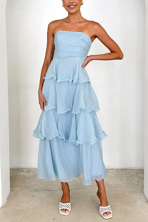 Margovil Strapless Empire Waist Ruffle Layered Maxi Dress