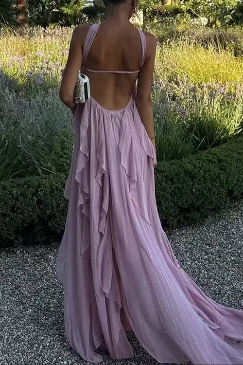 Margovil Sleeveless Open Back Ruffle Trim Slit Maxi Dress