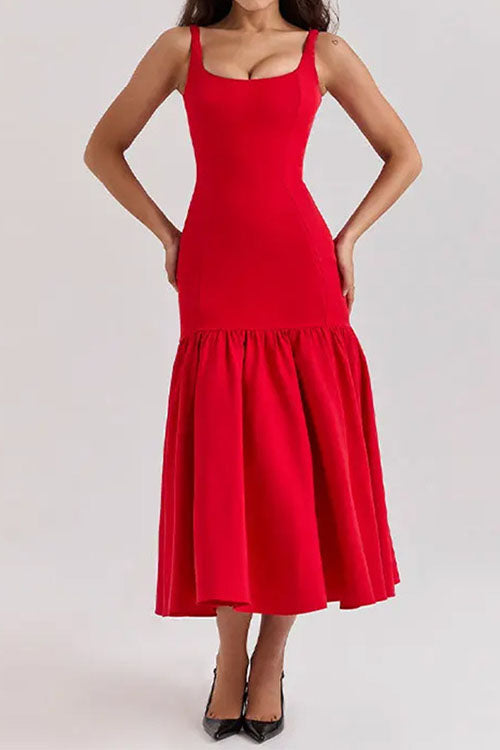 Margovil U Neck Sleeveless Ruffle Bodycon Midi Dress
