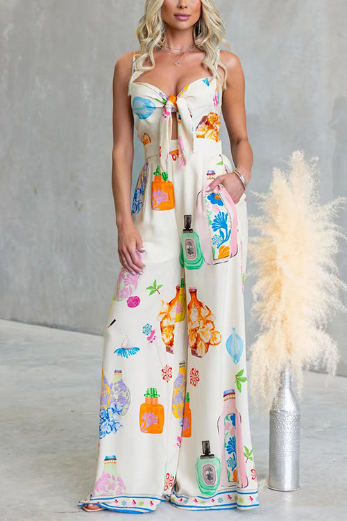 Adjustable Strap Tie Knot Front Unique Print Wide Leg Jumpsuit